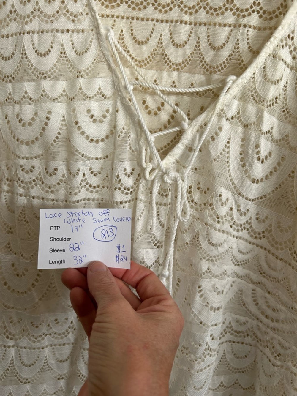 Cream Lace stretch Tunic Swim Cover-Up with Tassel Tie and scalloped edges - Picture 7 of 7